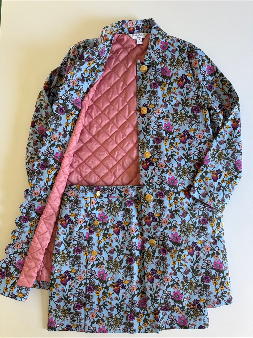 Brooks Brothers Blue Floral Pea Coat with Pink Quilted Lining and matching skirt